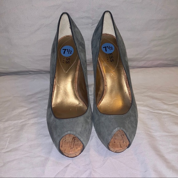 Guess Marciano Suede Peep-Toe 4” Heels Gray/Tan - Picture 2 of 5